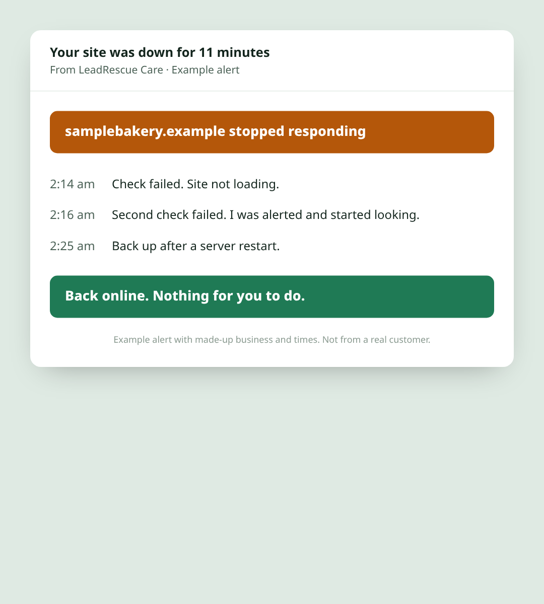 Example alert email saying the site was down for 11 minutes and is back online